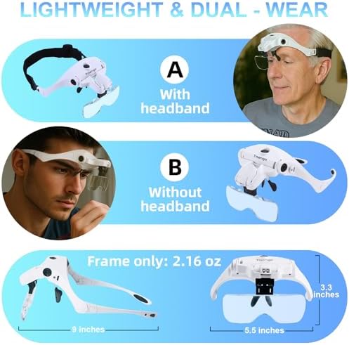 Rechargeable Lighted Headband Magnifier – Hands-Free Magnifying Tool for Jewelry, Eyelash Extensions, Watch Repair, Cross Stitch and Crafts