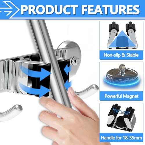 3-H Magnetic Broom Holder Wall Mount 1 Pack, 2-in-1 Dual Mount (No Drill or Screw Fix), 304 Stainless Steel Heavy Duty Magnet Mop Broom Organizer for Kitchen Garden Garage(3 Racks & 4 Hooks,Silver)