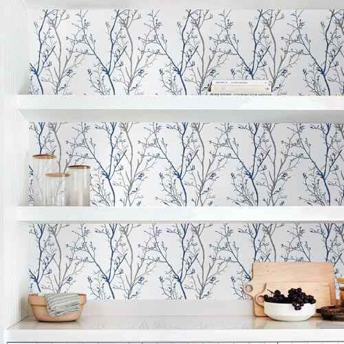 Mecpar Gray Blue Tree Branches Peel and Stick Wallpaper 17.71" x 78.7" Natural Wall Paper Modern Tree Branch Contact Paper Removable Wallpaper Self-Adhesive Vinyl for Furniture Crafts Walls