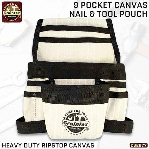 GRAINTEX CS2277 9 Pocket Nail & Tool Pouch Rip-Stop Canvas for Constructors, Electricians, Plumbers, Handymen White
