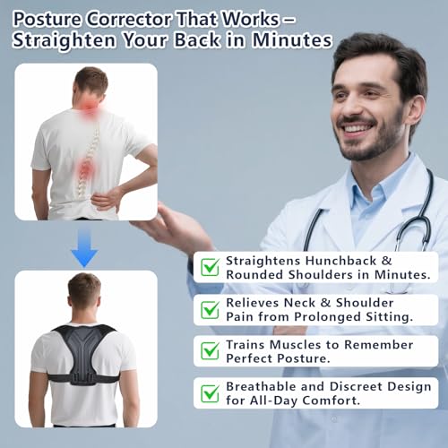 Posture Corrector for Women & Men, Adjustable Upper Back Brace with Anti-Chafing Pads for Neck/Shoulder/Back Pain Relief, Breathable Invisible Posture Brace for Office, Driving, Fitness. (Black, Large)