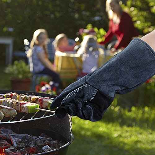 932¢µ Grill BBQ Gloves 16-inch Heat Resistant Leather Forge Welding Glove with Flame Retardant Long Sleeve and Insulated Lining for Men and Women Black-Gray