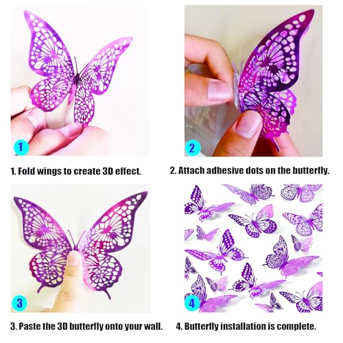 JOSDIOX Butterfly Pale Plum48 Decorative Wall Stickers, 48pcs Metallic Cardboard Butterflies, 3D Party Decorations, Bedroom Living Room Dining Room Wall Decor