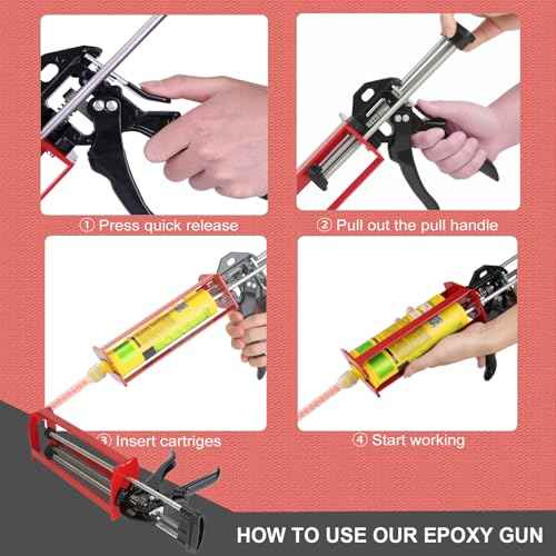 Epoxy Gun Dual Cartridge Applicator 450mL/600mL/650mL, Manual 1:1 & 2:1 Ratio, High-Thrust 2-Part Adhesive Dispenser for Epoxy, Urethane, Acrylic, Panel Bonding & Plastic Repair, Red