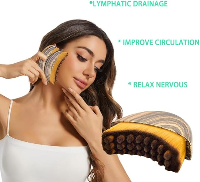 Lymphatic Contour Face Brush- Dry Drainage Facial and Neck Massage Sculpting Brusher with Gua Sha Tool, Soft Bristle Massager Gift for Women and Girls (Brown)