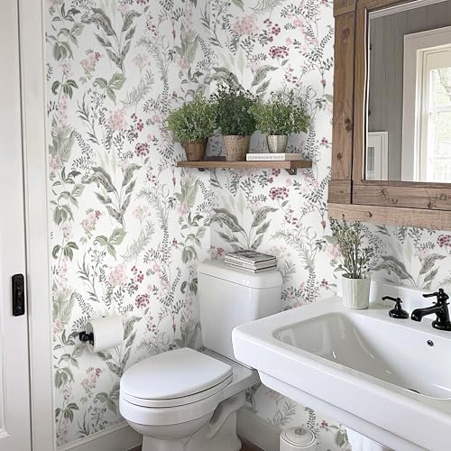 Vinjiasin Peel and Stick Wallpaper Boho Wallpaper Floral Contact Paper Colorful Pink Flower Leaf Self Adhesive Removable Wall Paper for Bathroom Bedroom 16.1" x 78.7"