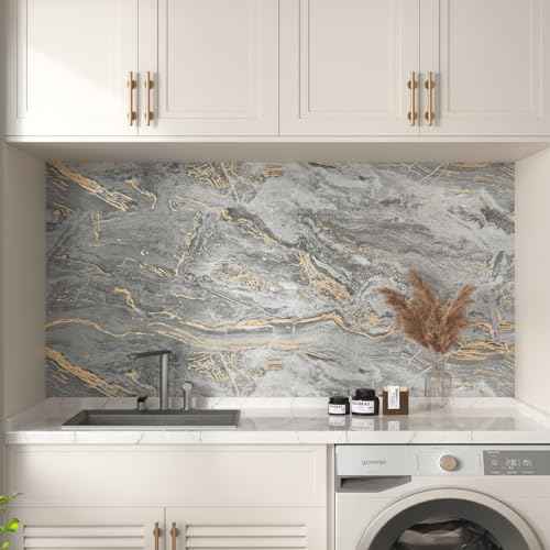 Wallercity Gold/Grey Marble Contact Paper Matte Peel and Stick Countertops Wallpaper Waterproof Self Adhesive Marble Wallpapers for Cabinets and Drawers Kitchen Bathroom Vinyl Film 15.8x78.7 Inch