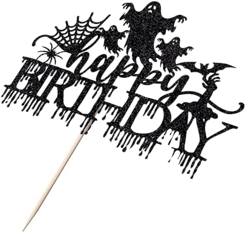 Halloween Happy Birthday Cake Topper,Spooky Haunted House Black Glitter Cake Supplies,Spider Bat Creepy Scary Halloween Themed Birthday Party Decorations for Kids/Adult