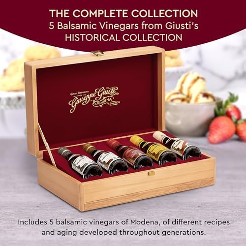Giusti Historical Collection of 5 Italian Balsamic Vinegars with Wood Gift Box Made in Modena, Italy - Award-Winning, Aged, Gourmet Vinegar - 100 ml Bottles - Custom Engraving
