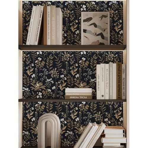 Abyssaly Vintage Floral Wallpaper Peel and Stick Boho, Black and Gold Academic Contact Paper, Self Adhesive Removable Moody Wallpaper for Wall Cabinets 17.7 in X 118 in