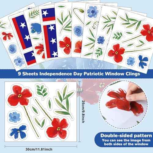 Chunnin 9 Sheets 4th of July Window Clings Summer Patriotic Floral Window Decoration Party Supplies Wild Flower Stickers Independence Day Fourth of July Red Blue Memorial Day Poppy Double Sided Decal
