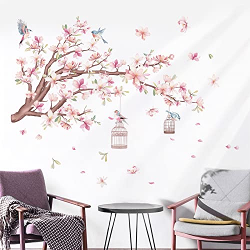 wondever Cherry Blossom Flowers Wall Stickers Pink Magnolia Floral Tree Branch Birds Peel and Stick Wall Art Decals for Living Room Bedroom TV Wall