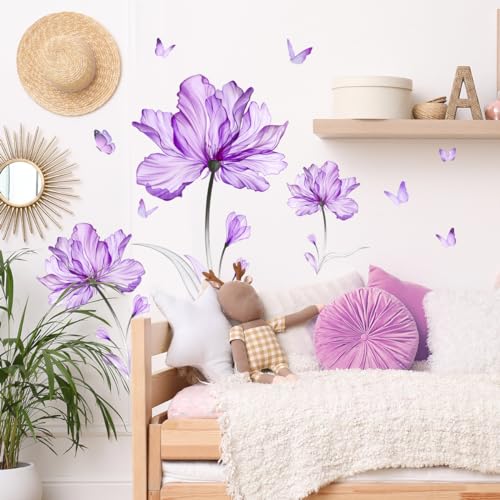 Purple Flower Butterfly Wall Stickers Removable Peel and Stick Murals Wall Decals for Living Room Bedroom Door Aisle Sofa TV Backdrop Wall Home Decor(Purple Flowers)