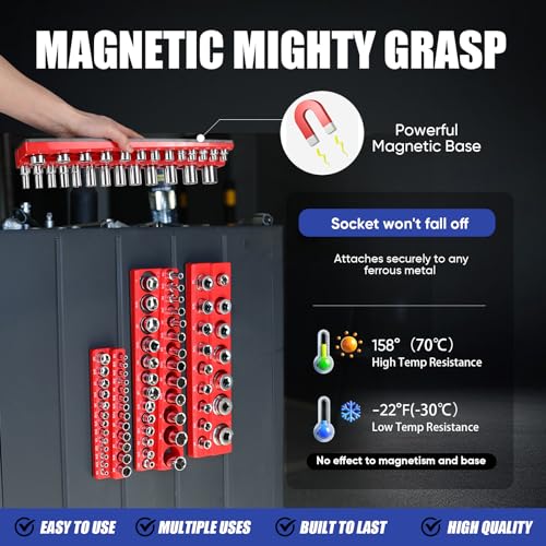 6PCS Magnetic Socket Organizer Set, SAE & Metric Magnetic Socket Holder, 1/4"", 3/8"", 1/2"" Magnetic Socket Trays, 141 Pieces Deep & Shallow Sockets Organizer., Blue&red, HIP-010