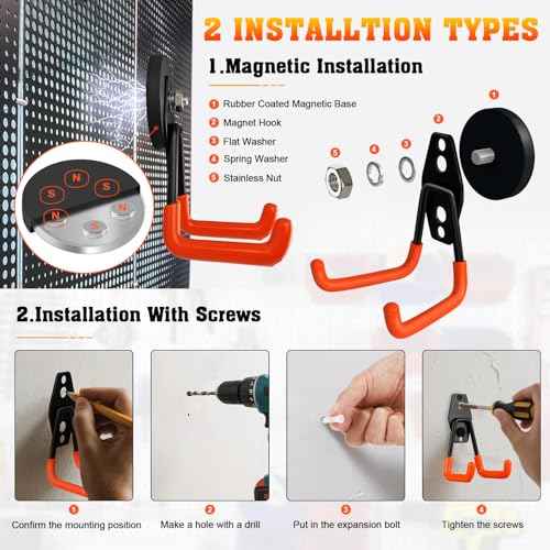 Large Magnetic Hooks Heavy Duty Magnetic Garage Hook,4 Pack Magnet Hooks with Anti-Slip Coating, Strong Storage Utility Magnetic Hook fo Metal Cabinet,Pegboard,Garage Shelve,Garden Tools(Orange,M)