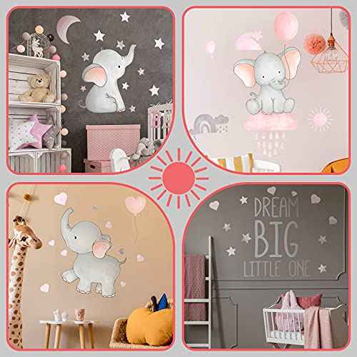 Outus 7 Pcs Dream Big Little One Elephant Nursery Wall Stickers Wall Decor Baby Room Moon Hot Air Balloon Pink Grey Stars Decals for Kids Living Room Bedroom Decorations Home Decor