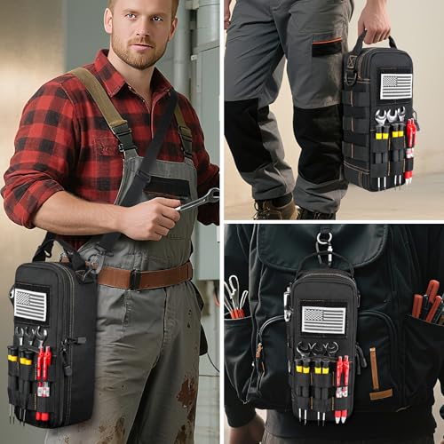 Heavy Duty Small Tool Bags for Men with Carabiner,Tactical Tool Pouch Bag,Portable Utility Tools Storage Organizer Case with Shoulder Strap for EDC,Motorcycle,Camping, Road Trip, Electricians,Black