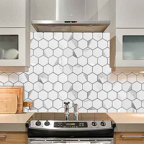 Hexagon Peel and Stick Backsplash Tile,12x12 inches Marble White Mixed Silver Metal 3D PVC Wall Tiles Stick on Backsplash for Kitchen and Bathroom Sample