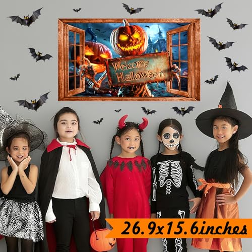 Halloween Decorations Stickers for Wall Spooky Pumpkin Bats Decals Scary Fake Window Wall Decal Peel and Stick Indoor Halloween Decor Monster Vinyl Art Mural for Living Room Haunted House Party Supply