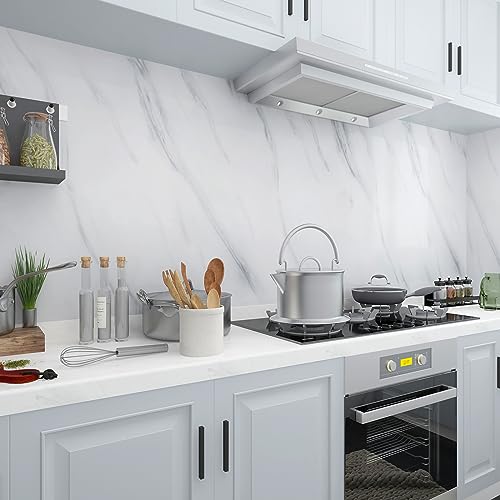 JSEVEM 16"¡¿118" Thick White and Grey Marble Wallpaper Peel Stick Waterproof White Gray Marble Contact Paper Vinyl Wrap Glossy Self Adhesive Granite Tile Sticker for Kitchen Cabinets Table Countertops