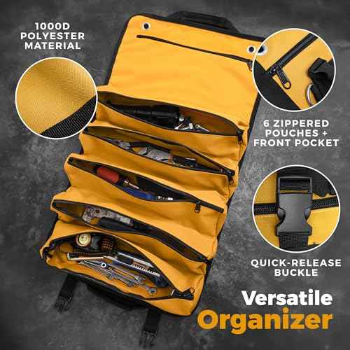 Soil & Sun Heavy Duty Tool Roll Bag Organizer - Travel roll up tool bag with 6 Zip Organizer Pouches - Compact Portable Tool Bags for Men, Contractors, Plumbers, Electricians - Man Gifts for Dad