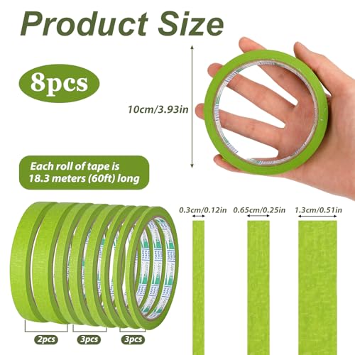 8Rolls Fine Line Tape Thin Painters Tape Total 160yards Pinstripe Masking Tapes 1/8, 1/4, 1/2 inch Width Art TapeSmart Selection Painter Adhesive Automotive for DIY Car Auto Paint (Green, Mixed Sizes)