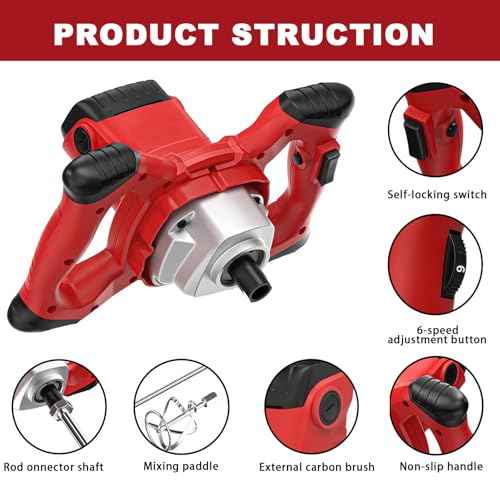Cement Mixer, Handheld Electric Concrete Mixer, Portable Mortar Mixer with 6 Adjustable Speed, 110V Mud Mixer Machine Drill Tool for Paint Mortar Fodder Mixing Drywall Grout Plaster (Red)