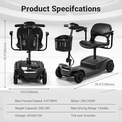 15-25 Miles Long Range Mobility Scooter,Weight Capacity 300 LBS+ Powered Mobility Scooters for Seniors, Compact Duty Mobile for Travel with LED Headlight and Detachable Basket