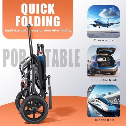 Lightweight Foldable Transport Wheelchair for Adults & Seniors - 12” All Terrain Wheel, Double Handbrake, Holds 220 LBS, Portable for Travel & Daily Use Chairs