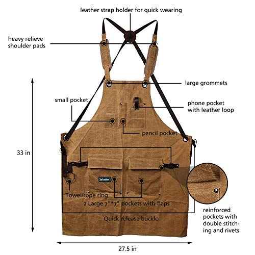Waxed Canvas Shop Apron for Men & Women.Woodworking Aprons Heavy Duty Work Apron with Pockets. Big Bulk Tool Apron with Adjustable Cross-Back Strap.Adjustable S to XXL (Brown)