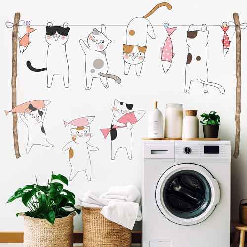 Removable Cartoon Animal Cats Wall Stickers Laundry Room Cats Clothes Hanger Fish Wall Decals Stickers for Girls Bedroom Decal Kids Nursery Sticker Bathroom Wall Art Decoration