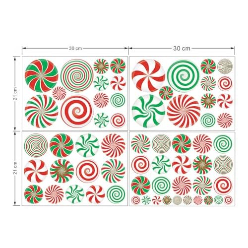 Christmas Holiday Decorations, Red and Green Swirl Candy Cane Peppermint PVC Wall Decals, 64 Pieces