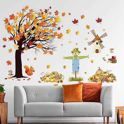 Fall Maple Leaves Wall Decals Autumn Pumpkin Scarecrow Wall Stickers Thanksgiving Fall Tree Wallpaper Cute Sqiirrel Windmill Mural DIY Removable Wall Art for Kids Bedroom Playroom