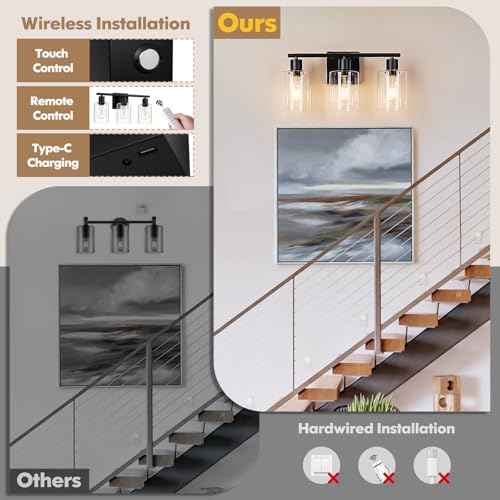 Battery Operated Wall Sconce, 3-Light Black Wireless Rechargeable Vanity Light Fixture with Remote & Bulbs, Dimmable Modern Indoor Non-Hardwired Wall Mounted Lamp for Bedroom, Living Room, Bathroom