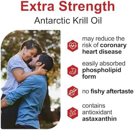 Antarctic Krill Oil - Wild Caught Omega 3 Krill Oil 500 mg with EPA, DHA, Astaxanthin & Phospholipids - Brain, Heart, Joint Support, Non-GMO, Gluten-Free, Antioxidant, Sustainably Sourced, 60 Softgels