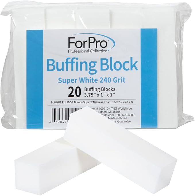 ForPro Professional Collection Super White Buffing Block, 240 Grit, Four-Sided Manicure and Pedicure Nail Buffer, 3.75” L x 1” W x 1” H, 20-Count