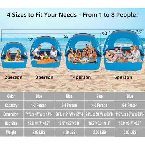 Beach Tent, Portable Sun Shelter for 2/3/4/6-8 Person with UPF 50+ UV Protection, Easy Setup Waterproof Beach Shade Canopy Cabana for Family Outdoor and Picnics, Fishing with Carrying Bag