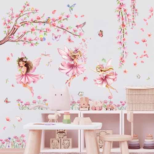 Pink Fairy Garden Wall Decals with Cherry Blossom Tree Floral Wall Stickers Peel and Stick Butterflies Birds DIY Wall Art for Girls Bedroom Baby Nursery Kids Room