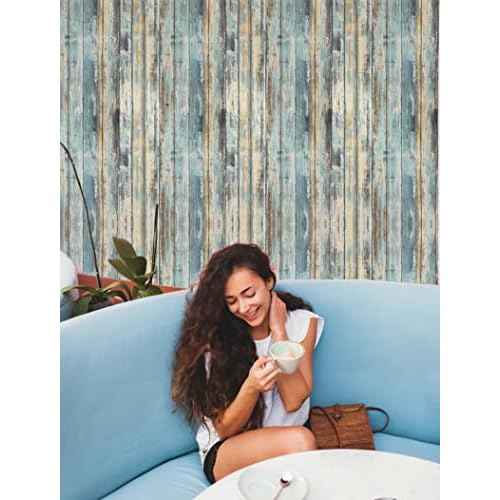 Wood Contact Paper 15.7"x118" Self-Adhesive and Removable Wood Wallpaper Peel and Stick, Blue Distressed Wood Grain Contact Paper for Cabinets Waterproof Stick on Wall Paper