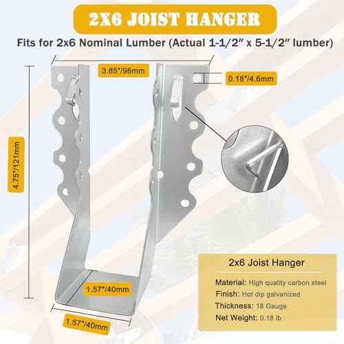 [50 Pack] 2x6 Joist Hanger, 18 Gauge LU28 Galvanizing Face Mount Joist Hangers, Wood Hurricane Ties, Rafters Tie