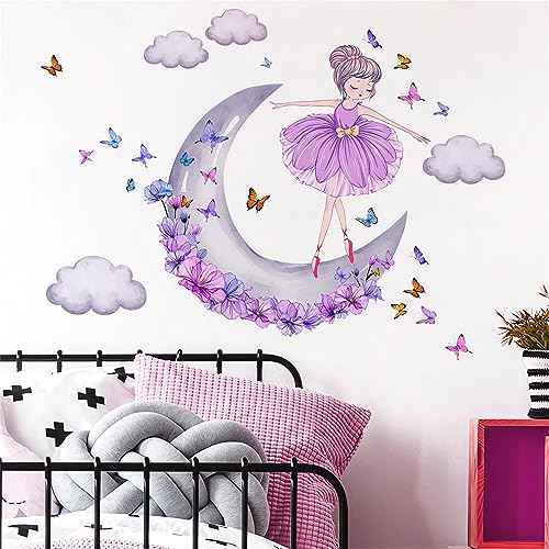 Lovely Purple Moon Girl and Clouds Butterfly Wall Stickers, sacinora Art Wall Decals Removable Vinyl Peel and Stick for Nursery Kids Baby Living Room Children's Room Bedroom Decorations