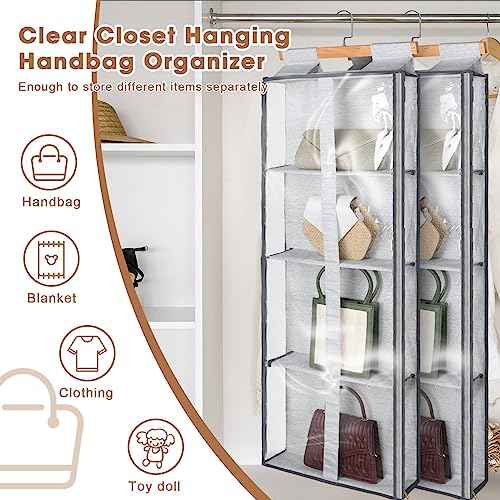 Silkfly 2 Pack Hanging Purse Organizer for Closet Clear Handbag Storage Hanger with Zipper Holder over The Door Wardrobe Tote Bag Storage Holder for Bedrooms Living Room(Gray)