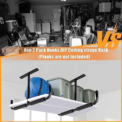 Sinoer Garage Storage Hooks Rack Ceiling,Wall Mounted Hooks, Heavy Duty Utility Hanger for Ladder,Hose Pipe,Wood, Tools & Other Bulky Items (2 Pack, Black)
