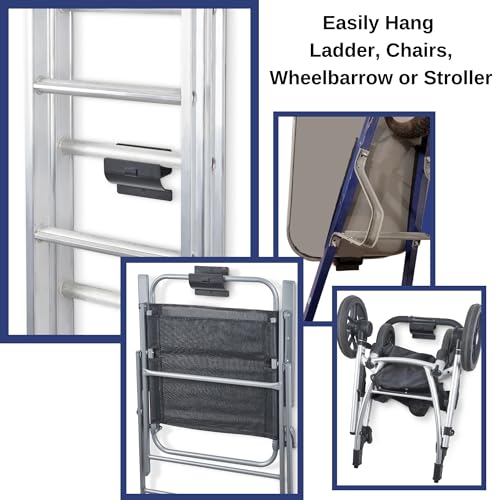 Ladder Hanger set of 2 For Garage Wall - Black Heavy Duty Utility Hook For Wall Mount Ladder Storage. Versatile Tool Holder To Maximize Space In Shed, Workshop, Garden, Hang Wheelbarrow, Folding Chair