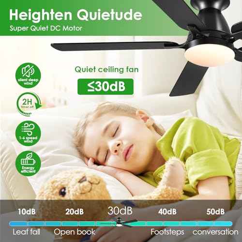 Ceiling Fans with Lights, 56" Flush Mount Ceiling Fan with Light and Remote/APP Control, Low Profile, Modern Ceiling Fan Reversible, Dimmable, Noiseless, Black for Bedroom