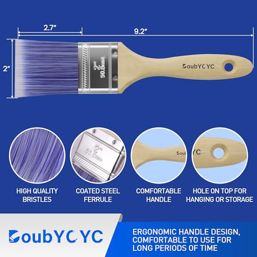Paint Brushes - 6 Pack, 2" Flat Brushes, Paint Brush Set, Wood Paint Brushes for Walls, Stain & All Oil Paints - Home Improvement - Interior & Exterior Use