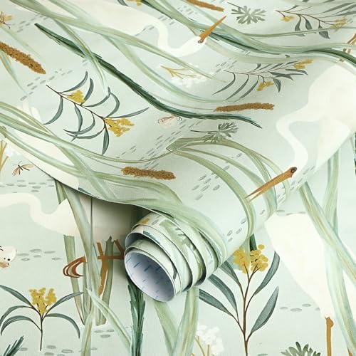 Ismoon Green Peel and Stick Wallpaper Boho Nursery Wall Paper Crane Egret Light Green Contact Paper Vinyl Removable Wallpaper for Cabinets Shelf 16.1x78.7in