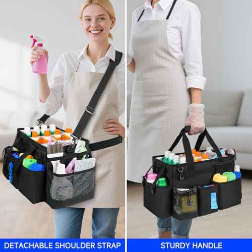 Cleaning Caddy Bag, Large Cleaning Supplies Organizer for Housekeepers, Housekeeping Caddy with Handle and Detachable Padded Cushion, Black