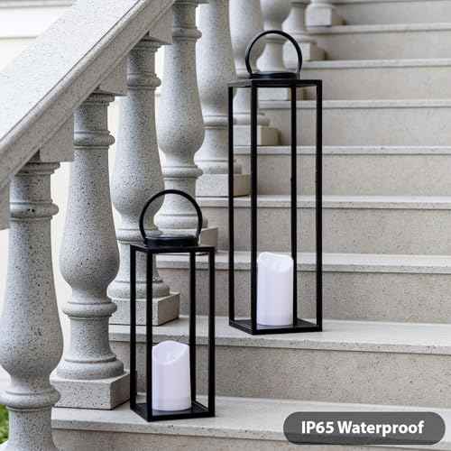 Large Solar Outdoor Lanterns, 25" 16" Tall Farmhouse Black Metal Waterproof Decorative Lanterns with Solar Candles for Front Porch, Patio, Christmas, Fall Decor- Set of 2