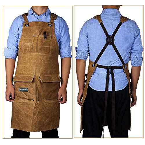 Waxed Canvas Shop Apron for Men & Women.Woodworking Aprons Heavy Duty Work Apron with Pockets. Big Bulk Tool Apron with Adjustable Cross-Back Strap.Adjustable S to XXL (Brown)